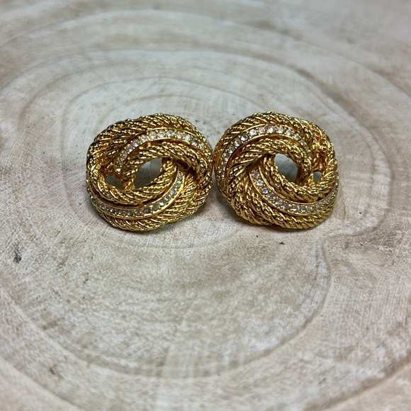 Vintage Christian Dior Crystal Rhinestone Swirl Gold-Tone Earrings - Picture 1 of 4
